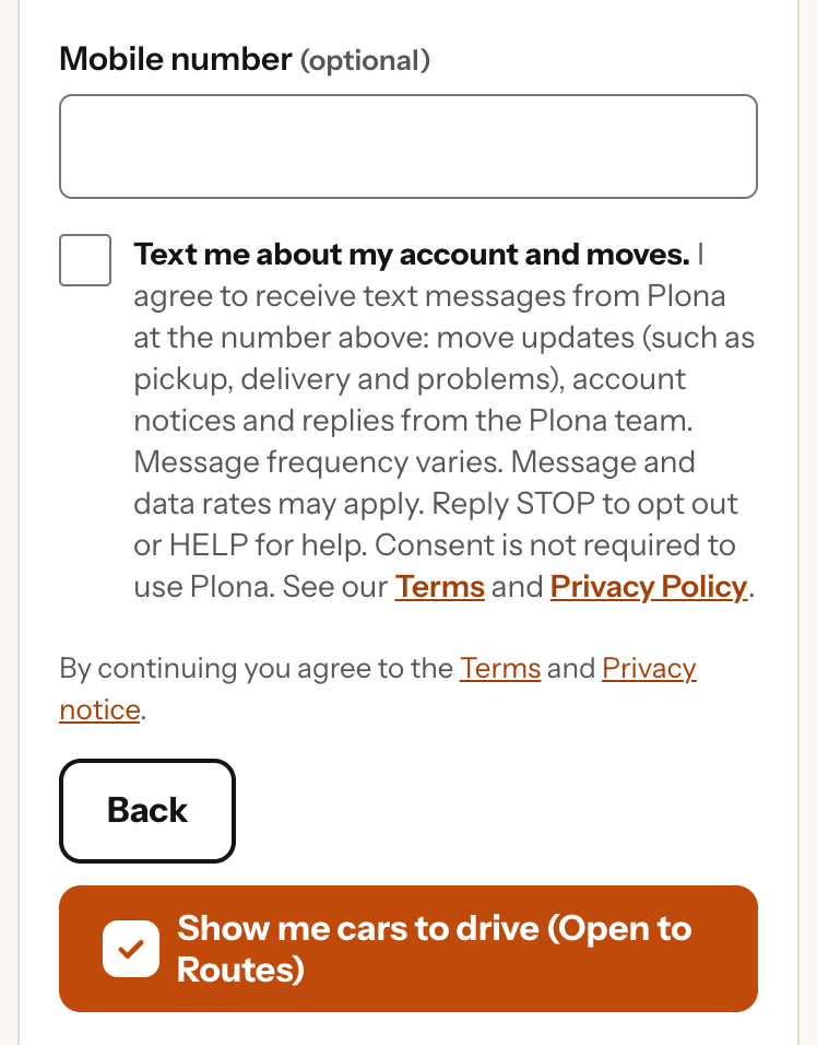 The Create your account step: the Mobile number field, and under it an unchecked box that reads: Text me about my account and moves.